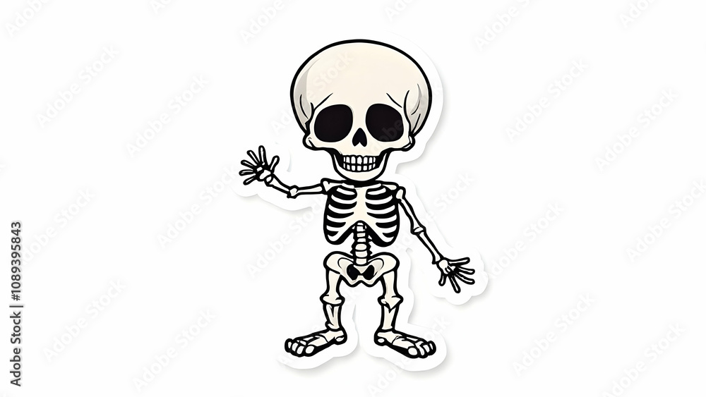 A cute cartoon skeleton sticker waves hello. Its a friendly, whimsical design perfect for Halloween or other spooky themes. The style is simple yet detailed. A cute cartoon skeleton sticker waves hello. Its a friendly, whimsical design perfect for Halloween or other spooky themes. The style is simple yet detailed.