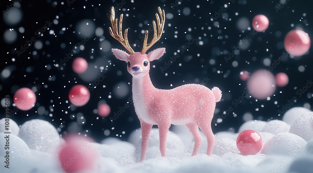A whimsical pink reindeer stands in a snowy landscape adorned with colorful ornaments, creating a festive and magical atmosphere. A whimsical pink reindeer stands in a snowy landscape adorned with colorful ornaments, creating a festive and magical atmosphere.