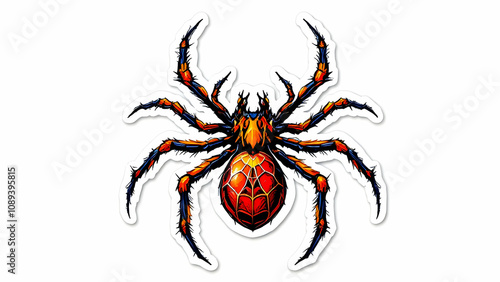 A vibrant sticker featuring a stylized spider with eight legs. Its body is red and orange, with black accents and detailed legwork. The design is bold and graphic. photo