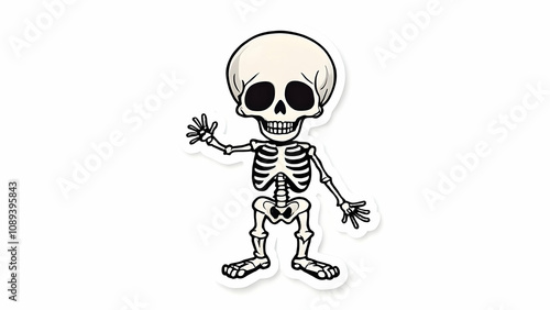 A cute cartoon skeleton sticker waves hello. Its a friendly, whimsical design perfect for Halloween or other spooky themes. The style is simple yet detailed.