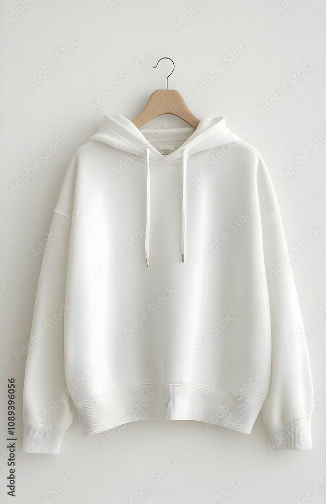 Minimalist white hoodie hanging on a wooden hanger against a white background. Minimalist white hoodie hanging on a wooden hanger against a white background.