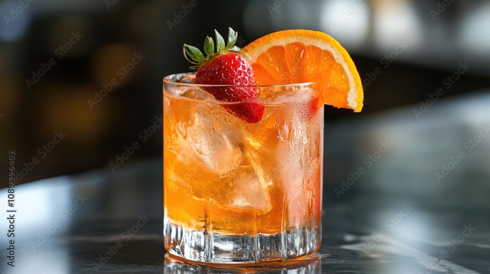 Aperol spritz cocktail served in a glass with ice, garnished with vibrant orange and fresh strawberry slices for a refreshing look. Aperol spritz cocktail served in a glass with ice, garnished with vibrant orange and fresh strawberry slices for a refreshing look.