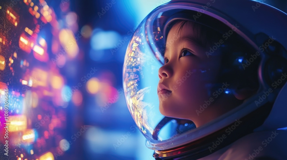 A young child wearing a space helmet dreams of becoming an astronaut while gazing at colorful lights in a futuristic setting. A young child wearing a space helmet dreams of becoming an astronaut while gazing at colorful lights in a futuristic setting.