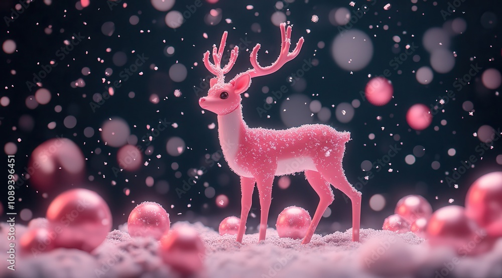 A whimsical pink deer stands in a festive setting, surrounded by sparkling snow and shiny ornaments, evoking a magical holiday atmosphere. A whimsical pink deer stands in a festive setting, surrounded by sparkling snow and shiny ornaments, evoking a magical holiday atmosphere.