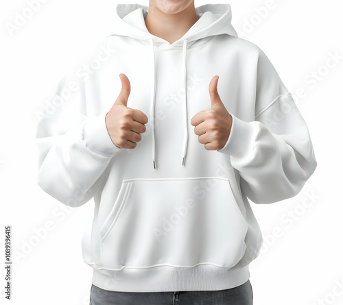 Woman wearing a white hoodie giving thumbs up.