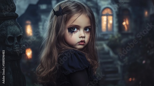 Child dressed as a vampire with fake fangs, posing with a haunting expression against a dark, eerie haunted house backdrop.