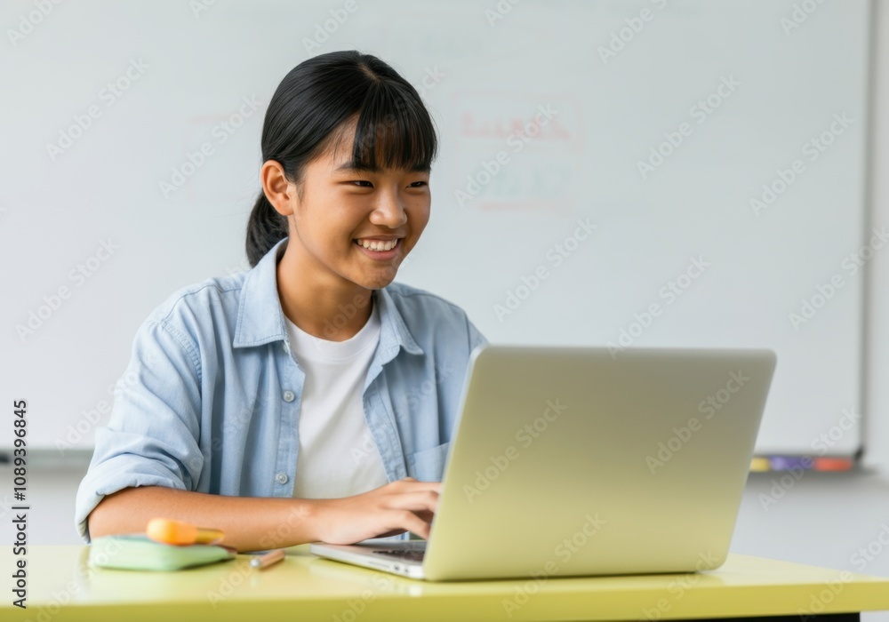 Happy student girl using laptop, studying and learning online, elearning concept Happy student girl using laptop, studying and learning online, elearning concept