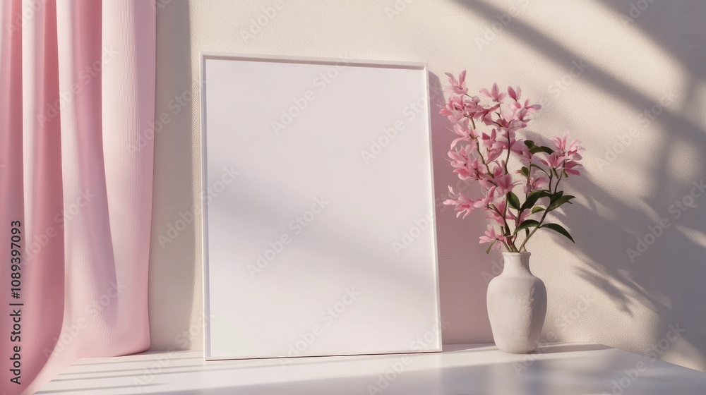Elegant blank menu frame mockup for beauty salon display featuring a soft pink environment and a delicate flower arrangement in a vase. Elegant blank menu frame mockup for beauty salon display featuring a soft pink environment and a delicate flower arrangement in a vase.
