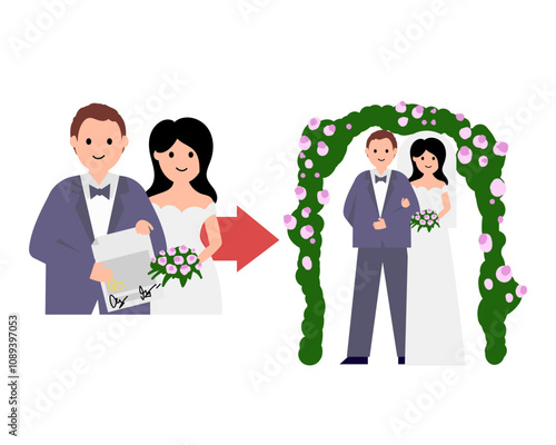 Couple signing a Prenuptial agreement. Vector simple color flat illustration.