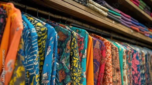 Display of vibrant, patterned shirts neatly arranged on a wooden shelf in a clothing store, showcasing a variety of colors and designs.