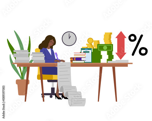Underwriting, dark-skinned woman works at a desktop. Office. Vector simple color flat illustration.