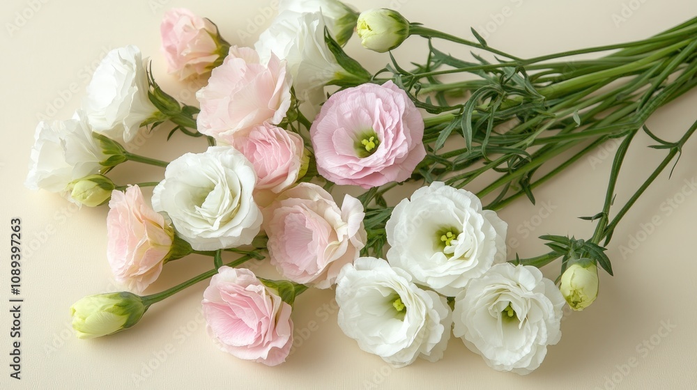 Fototapeta premium Bouquet of Lisianthus and Eustoma flowers in soft pastel colors with green stems, perfect for celebrations, arranged in a flat lay style with space for text.