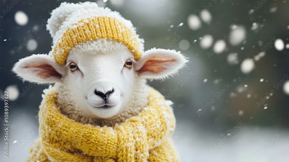 Charming sheep wearing a cozy yellow scarf and hat in a snowy landscape, featuring a softly blurred winter background, perfect for festive cards or posters. Charming sheep wearing a cozy yellow scarf and hat in a snowy landscape, featuring a softly blurred winter background, perfect for festive cards or posters.