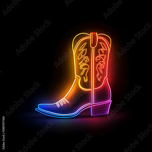 3D Vector logo of an illuminated colorful neon cowboy boots, in a black background. Modern image with neon lighting.