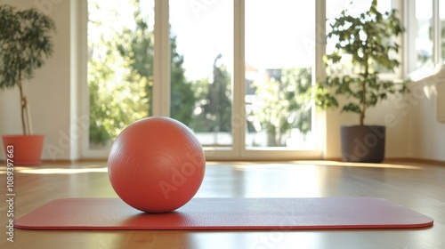 Yoga mat and coral exercise ball positioned in a sunlit, serene room surrounded by greenery, promoting relaxation and wellness activities. photo