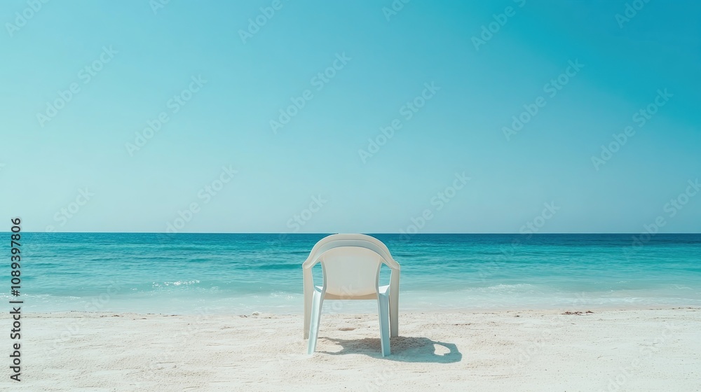 Lone white chair on serene sandy beach with vibrant turquoise water and clear blue skies ideal for vacation marketing and summer promotions. Lone white chair on serene sandy beach with vibrant turquoise water and clear blue skies ideal for vacation marketing and summer promotions.