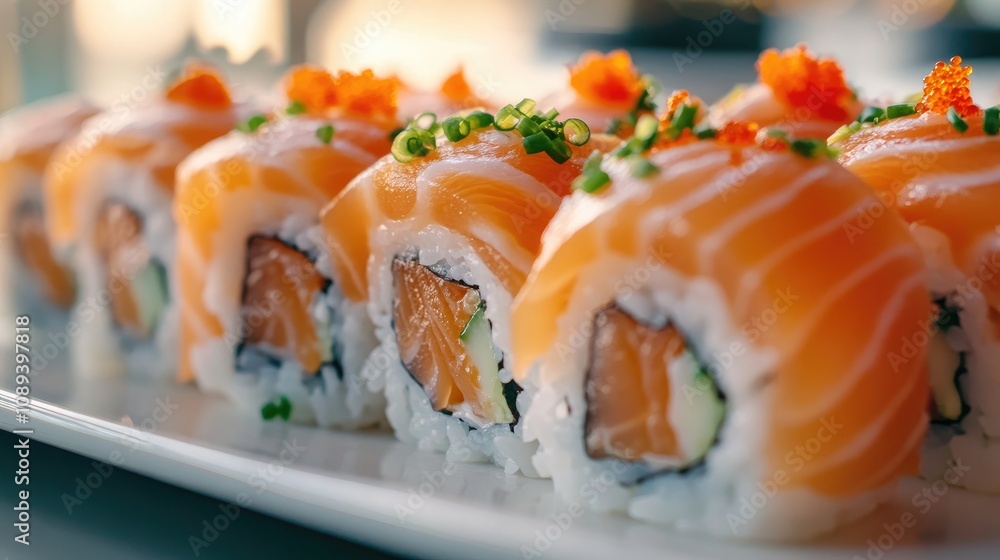 Row of vibrant salmon sushi showcasing delicate layers of fresh salmon, creamy avocado, and sushi rice, garnished with green onions and fish roe. Row of vibrant salmon sushi showcasing delicate layers of fresh salmon, creamy avocado, and sushi rice, garnished with green onions and fish roe.