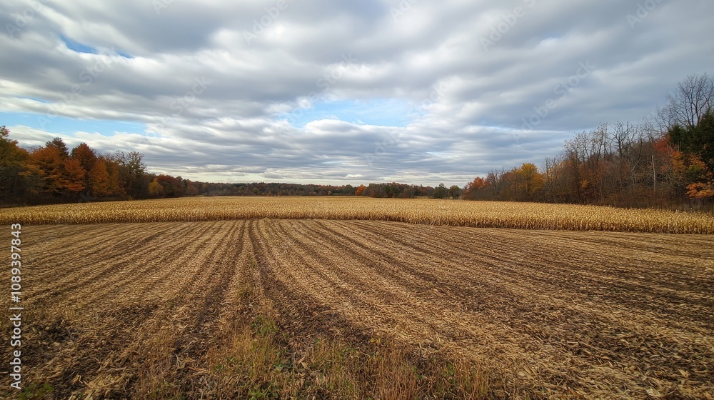 Dry cornfield with harvested crops and a cloudy sky, surrounded by autumn trees in the background, showcasing a rural landscape in transition. Dry cornfield with harvested crops and a cloudy sky, surrounded by autumn trees in the background, showcasing a rural landscape in transition.