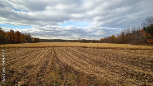 Dry cornfield with harvested crops and a cloudy sky, surrounded by autumn trees in the background, showcasing a rural landscape in transition.