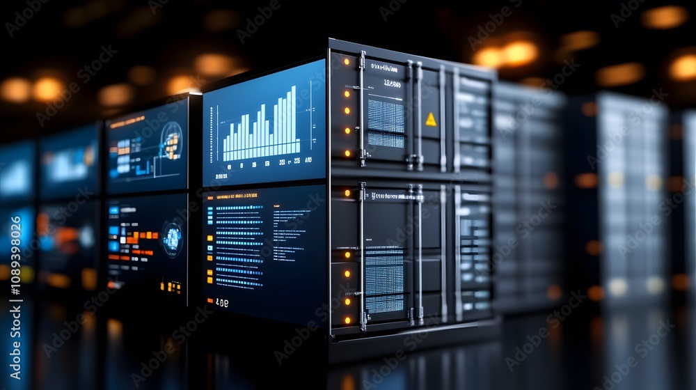 A futuristic warehouse with glowing holograms of stacked containers and shipping data A futuristic warehouse with glowing holograms of stacked containers and shipping data
