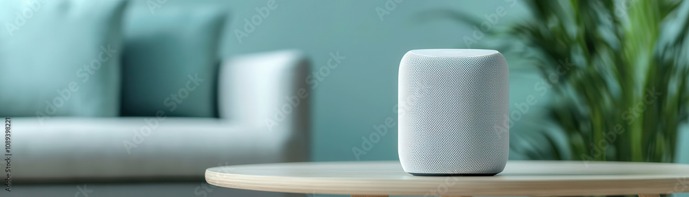 Smart home voice assistant on table in modern living room, surrounded by soft furnishings and greenery, creating cozy atmosphere Smart home voice assistant on table in modern living room, surrounded by soft furnishings and greenery, creating cozy atmosphere
