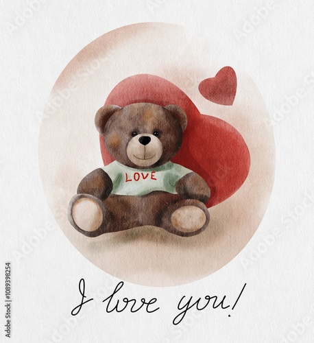 Clip art with Valentine's Day. A cute watercolor bear is sitting behind a big heart