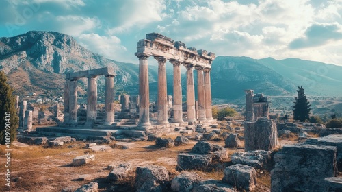 Ancient temple ruins rise majestically against a dramatic mountainous backdrop, capturing the essence of historical exploration and rich cultural heritage.