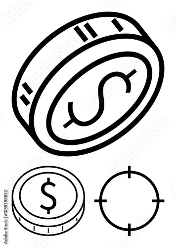 Dollar coin from three perspectives angled, top-down, and with a targeting crosshair. Ideal for finance apps, investments, banking, savings, budgeting economic content currency exchange. Line