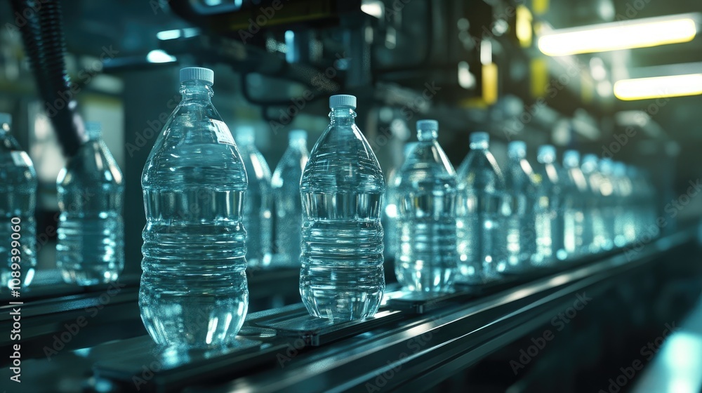 Assembly line showcasing clear plastic water bottles in production, with emphasis on the automated manufacturing process and industrial setting. Assembly line showcasing clear plastic water bottles in production, with emphasis on the automated manufacturing process and industrial setting.