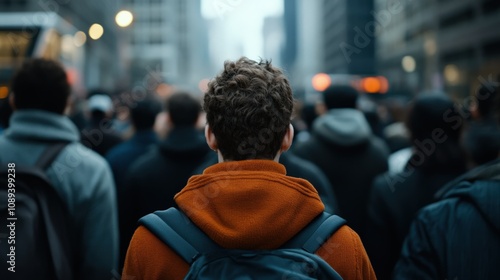 a person standing in a crowd, observing the bustling city life