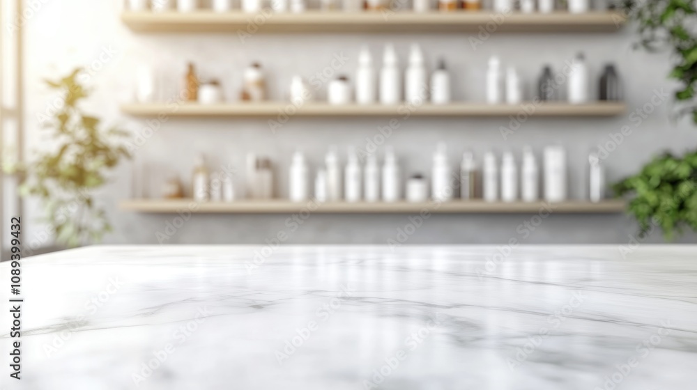 White marble countertop in focus with a softly blurred background of shelves filled with various medication bottles and plants, creating a serene atmosphere. White marble countertop in focus with a softly blurred background of shelves filled with various medication bottles and plants, creating a serene atmosphere.