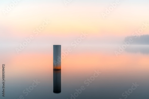A serene landscape featuring a solitary post in still water, surrounded by a misty atmosphere and soft pastel colors of dawn.
