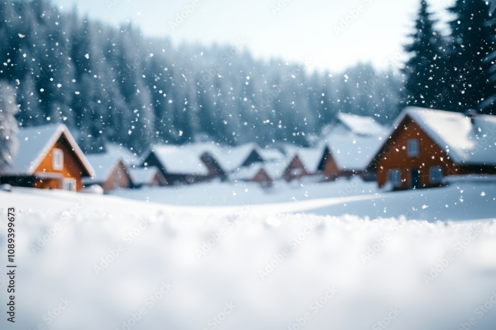 A serene winter landscape featuring snow-covered cabins nestled among trees, with gentle snowfall creating a dreamy atmosphere. A serene winter landscape featuring snow-covered cabins nestled among trees, with gentle snowfall creating a dreamy atmosphere.