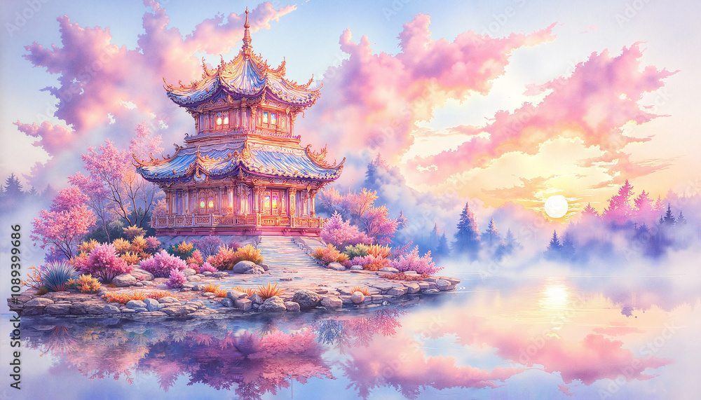 Obraz premium Beautiful pagoda at sunset with reflections in water and colorful clouds