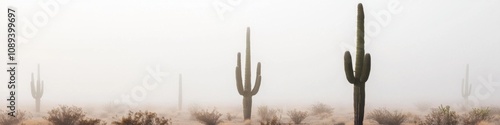 Fog enveloped cacti landscape desert region mysterious atmosphere wide angle view photo