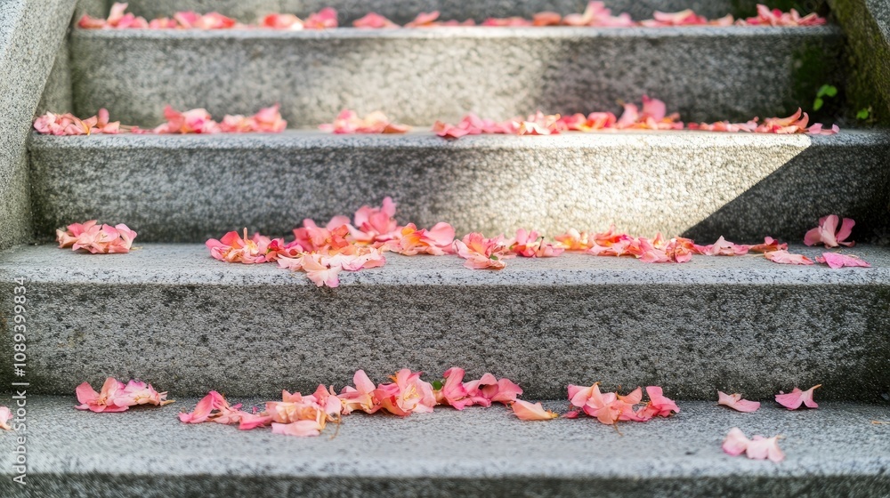 Petals from flowering plants adorn concrete steps, creating a delicate and colorful pattern against the gray surface in soft sunlight. Petals from flowering plants adorn concrete steps, creating a delicate and colorful pattern against the gray surface in soft sunlight.