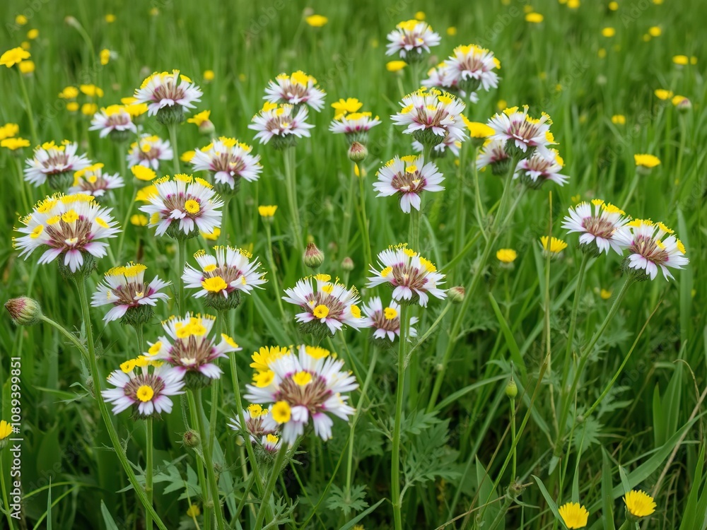 Fototapeta premium Large group of chicory plants blooming in a green meadow with bright yellow flowers and delicate leaves, flower field, tall grasses, chicory blooms