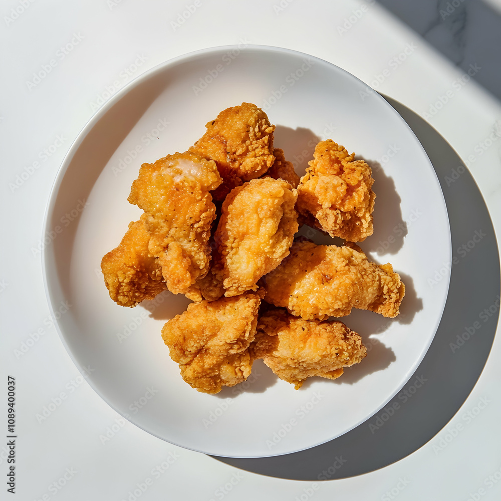 Golden Fried Chicken Served on a White Plate Against a White Background- Golden Fried Chicken Served on a White Plate Against a White Background-