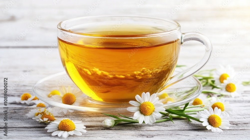 Chamomile tea in a clear cup surrounded by fresh chamomile flowers on a rustic white table with a warm wooden backdrop. Chamomile tea in a clear cup surrounded by fresh chamomile flowers on a rustic white table with a warm wooden backdrop.