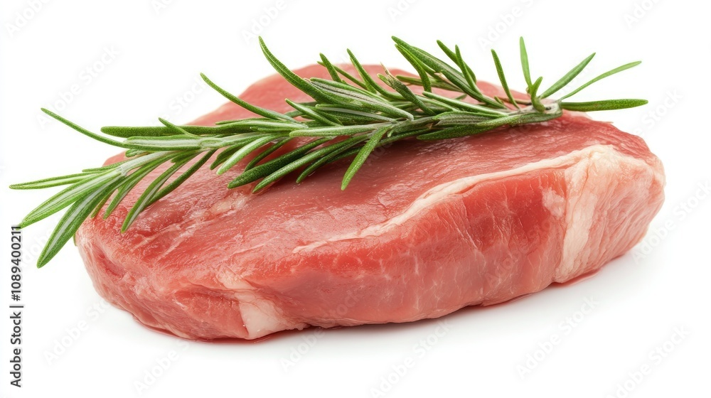 Fresh pork chop garnished with a vibrant sprig of rosemary, ready for cooking, showcasing its tender meat and rich color. Fresh pork chop garnished with a vibrant sprig of rosemary, ready for cooking, showcasing its tender meat and rich color.