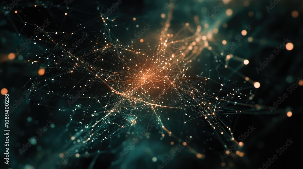 Bright network of lines and dots on a dark backdrop, visualizing advanced technology, data flow, and communication. Bright network of lines and dots on a dark backdrop, visualizing advanced technology, data flow, and communication.