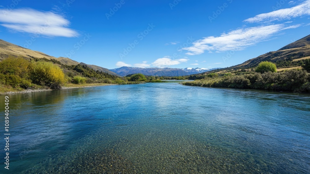 A tranquil river flows gently under a bright blue sky, surrounded by lush greenery and distant mountains, creating a peaceful landscape scene. A tranquil river flows gently under a bright blue sky, surrounded by lush greenery and distant mountains, creating a peaceful landscape scene.