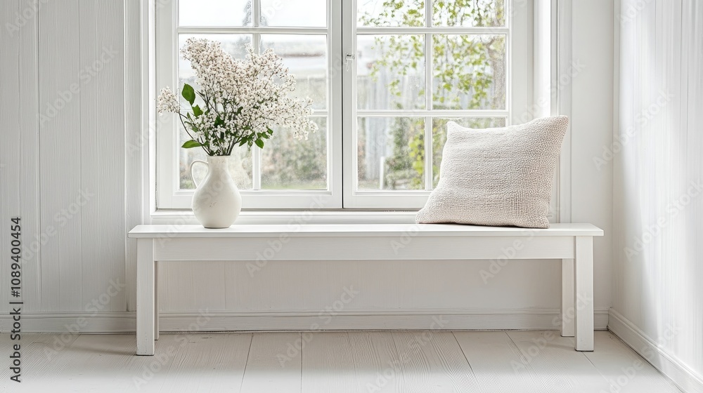 Fototapeta premium White Wooden Bench Under a Bright Window with Natural Light and a Vase of Flowers on Display
