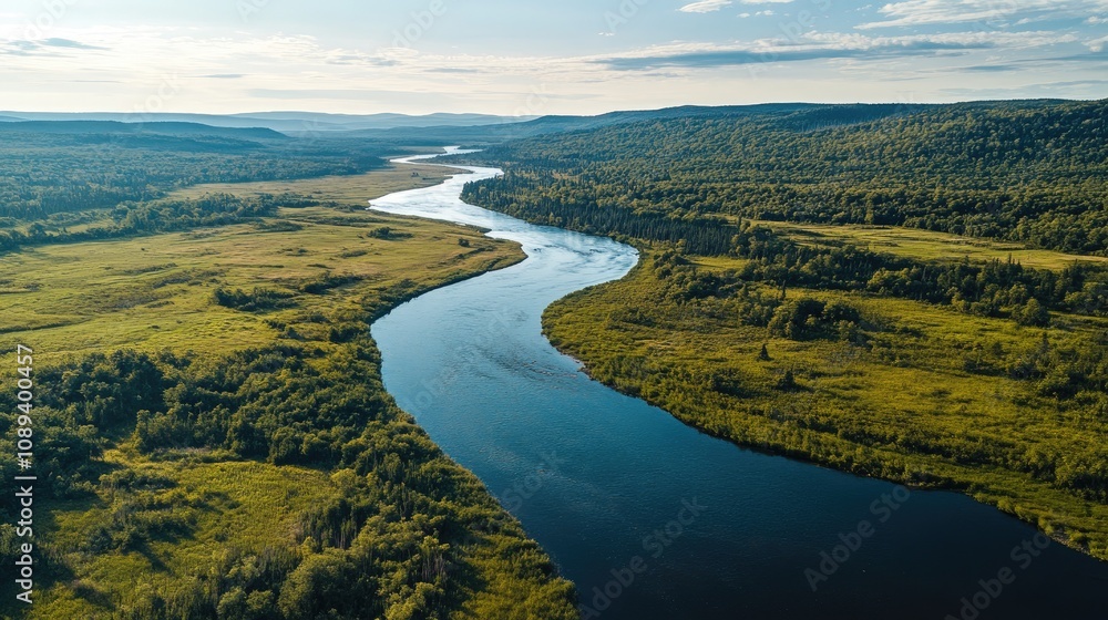 Aerial view of a tranquil summer wilderness showcasing a winding river surrounded by lush green forests and expansive meadows under a clear blue sky. Aerial view of a tranquil summer wilderness showcasing a winding river surrounded by lush green forests and expansive meadows under a clear blue sky.