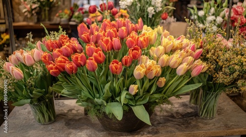 Colorful assortment of fresh tulips showcased in a floral market, featuring vibrant red, pink, and yellow blooms in decorative vases.