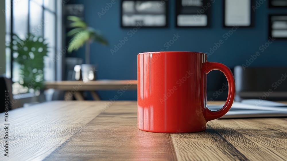 Fototapeta premium 3D-rendered red mug on a wooden table highlighting modern design, perfect for office decor with a sleek finish and intricate details.