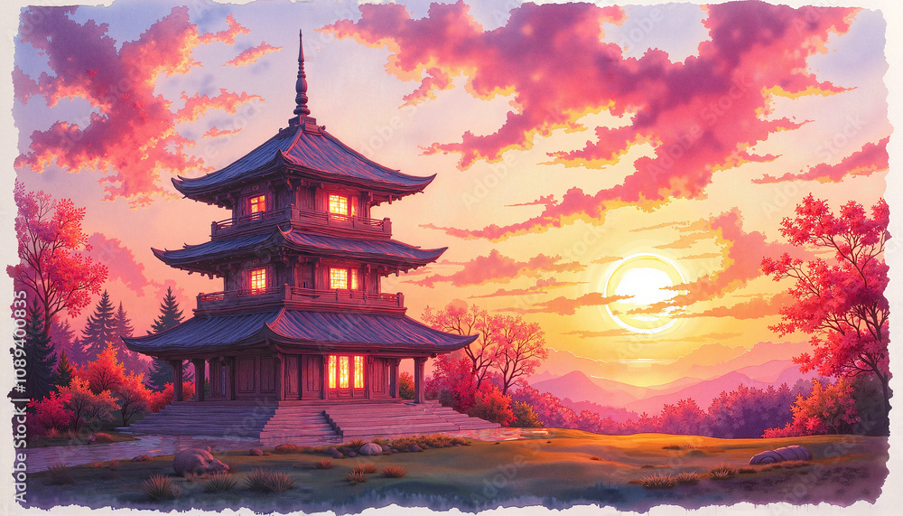 Fototapeta premium Japanese pagoda at sunset, warm atmosphere, illuminated, surrounded by nature and mountains