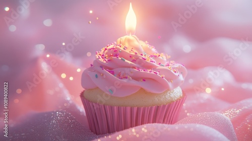 Candle flame flickers on a frosted pink cupcake adorned with colorful sprinkles, set against a soft pink background with shimmering highlights.