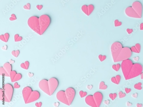 light blue background with scattered pink and white hearts, pattern design, decorative accents