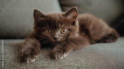 Playful brown Burmese kitten lounging on a couch, adorably gazing at the camera with curious golden eyes, showcasing its fluffy fur at three months old. photo